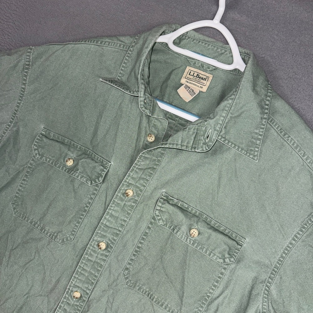 LL Bean Sunwashed Canvas Shirt Mens Large Green Traditional Fit Cotton Outdoors